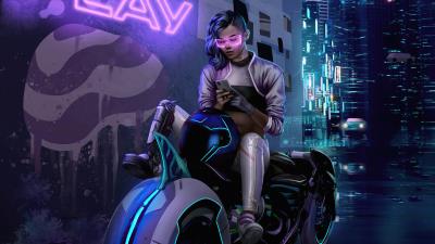 cyberpunk bike girl texting phone 4k l0 wallpaper