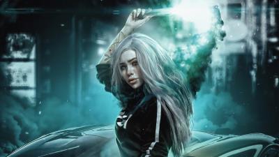 Cyberpunk girl with cars and smoke bomb wallpaper