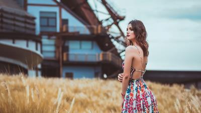 Girl long hair outdoor field 4k wallpaper