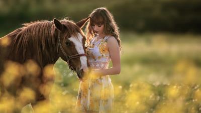 Girl with horse in field 4k wallpaper