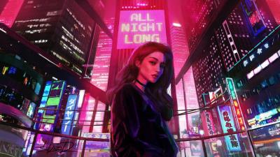 girl all night long retrowave city artwork y5 wallpaper