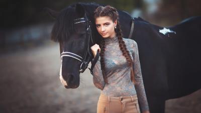 girl standing with horse 4k ck wallpaper