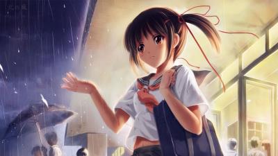 girl students rain umbrella art wallpaper