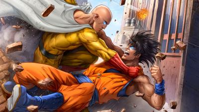 goku and one punch man 4k art wh wallpaper