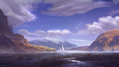 Hevenia boat sky mountains 4k wallpaper