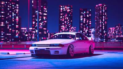 Nissan skyline r32 retrowave 4k wallpaper