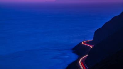 light trails road mountains qhd wallpaper