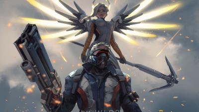 mercy and soldier 76 overwatch artwork ki wallpaper