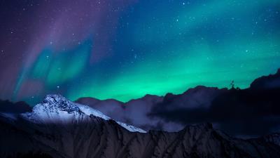 northern lights night sky mountains landscape 4k k8 wallpaper