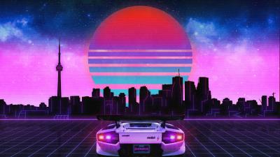 Retro wave lamborghini neon city ny wallpaper