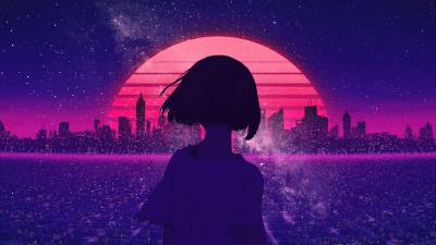 Synthwave night sunset anime girl 4k 2j wallpaper