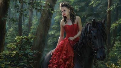 red dress ancient girl on horse 4k p1 wallpaper