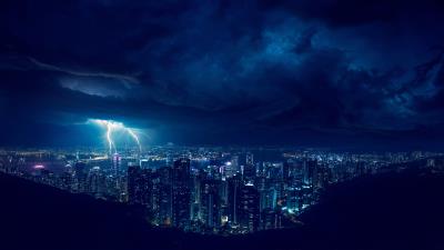 storm night lightning in city 4k o4 wallpaper