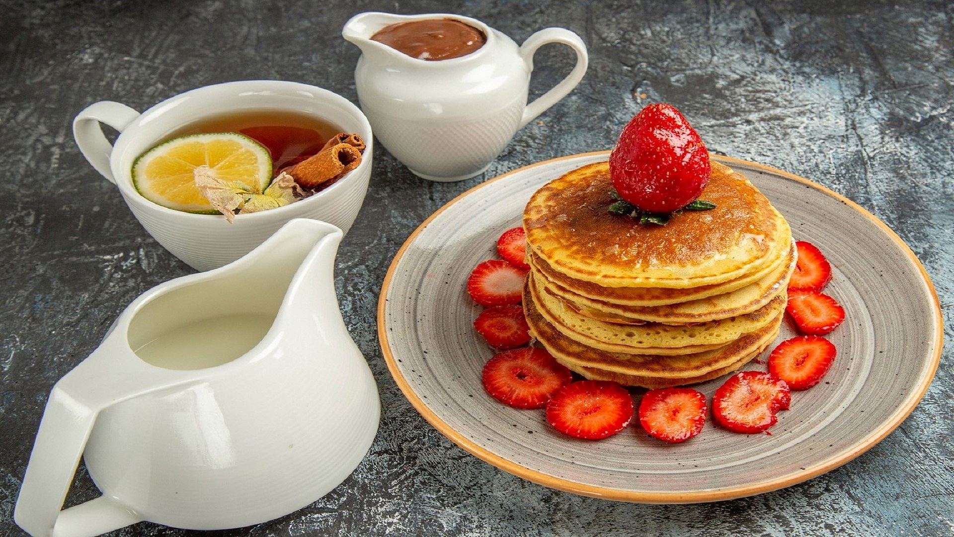 Tea Lemon Strawberries Pancakes Wallpaper