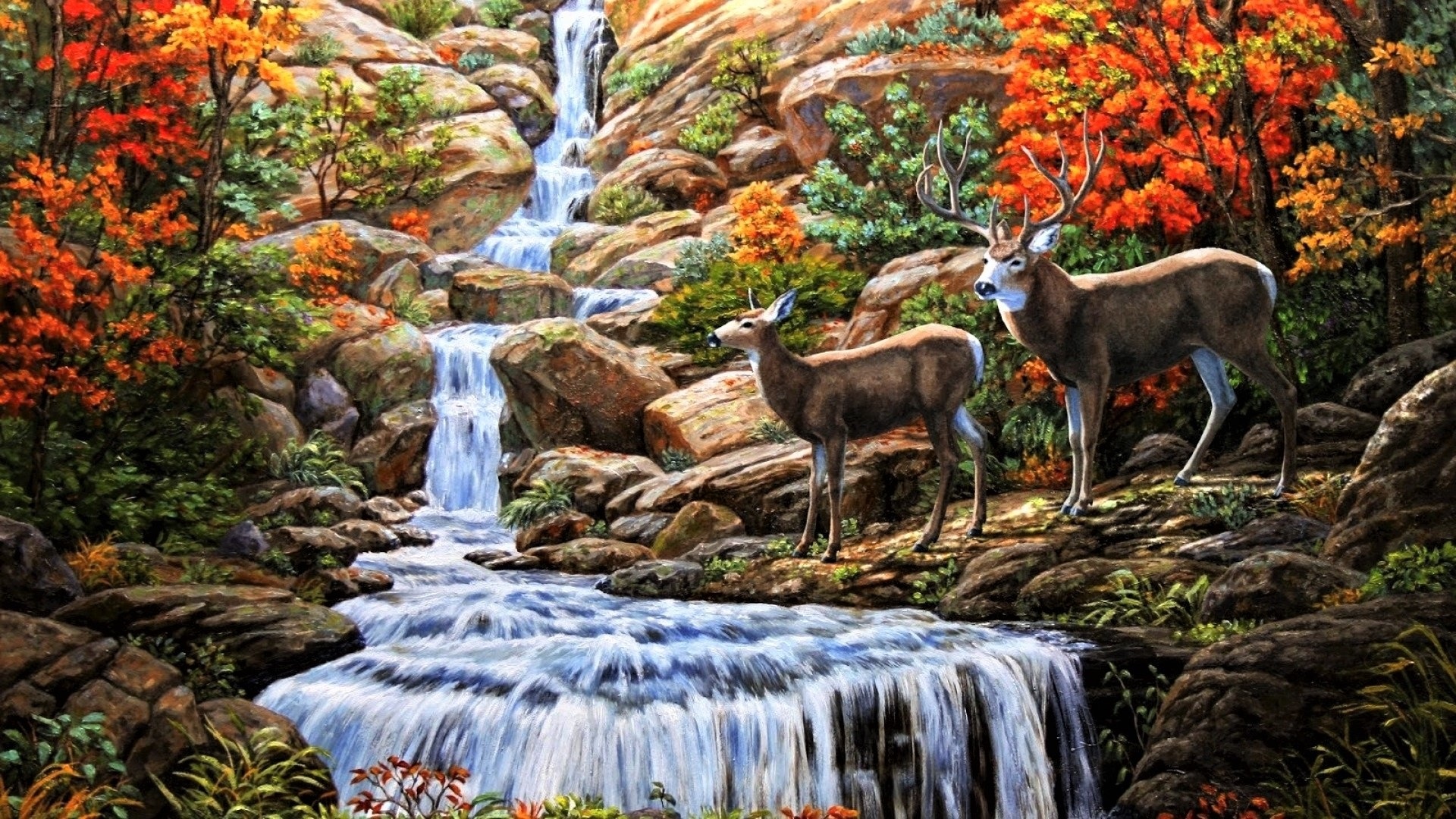 Waterfall Digital Art Deer Wallpaper