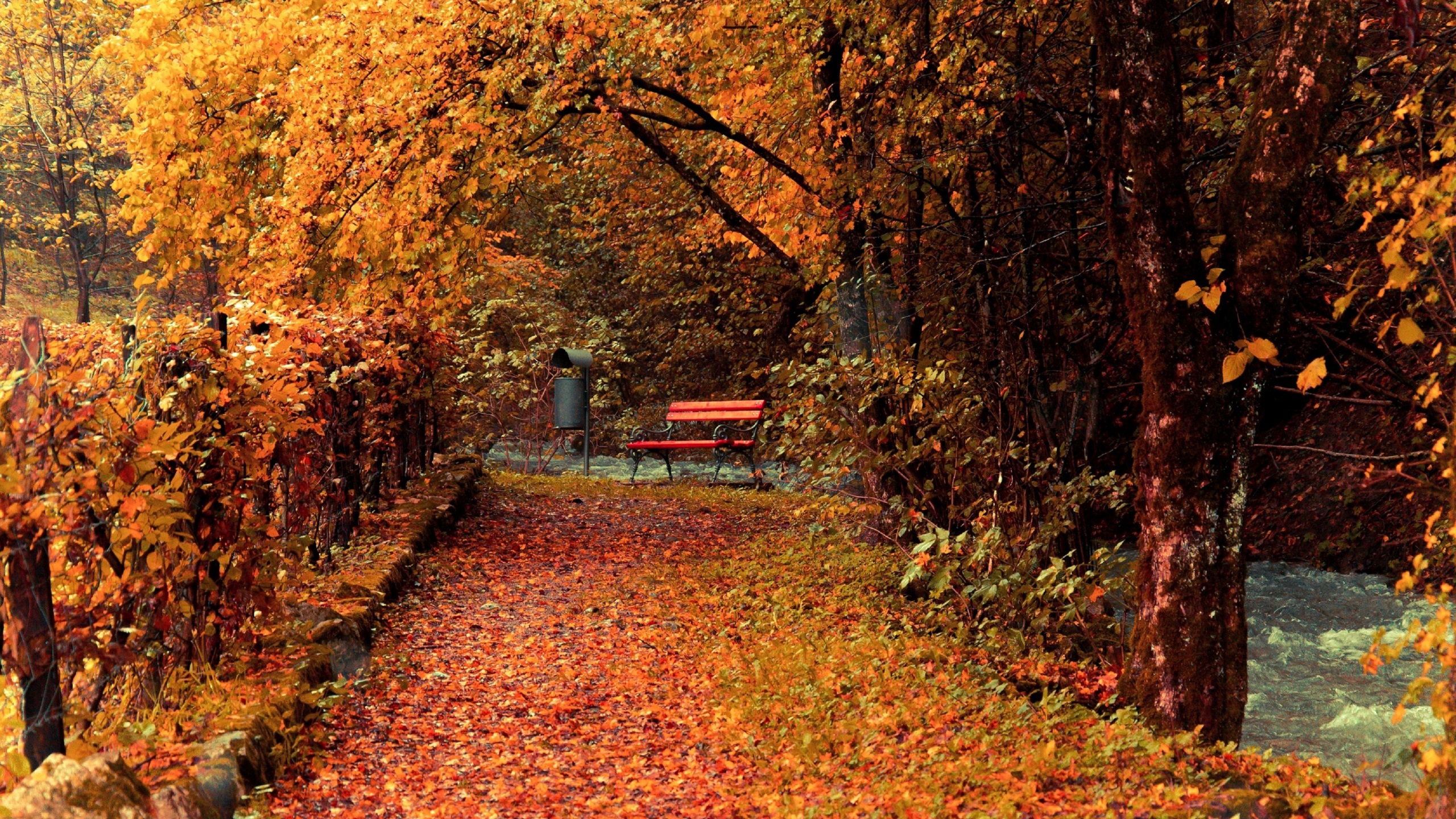 Autumn Stream Leaves Bench Trees Park Fence Wallpaper