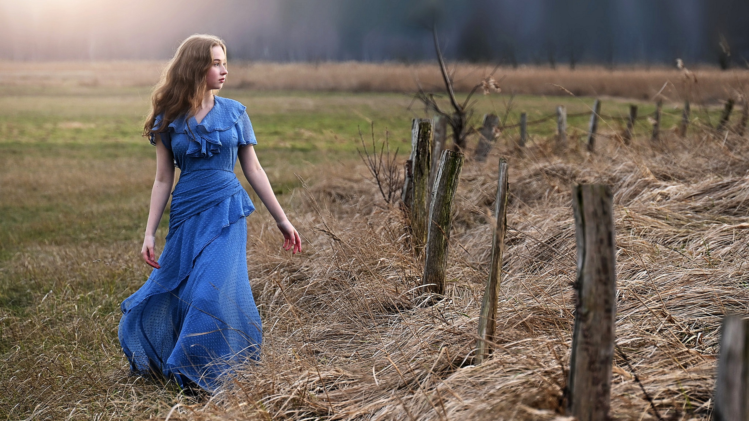 Gorgeous Brunette in a Blue Dress 2k Wallpaper