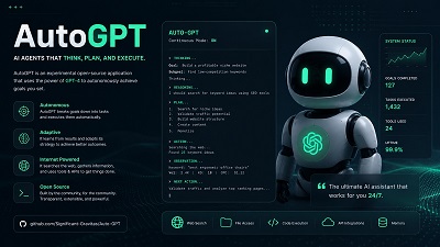 AutoGPT autonomous AI agent dashboard and workflow automation illustration