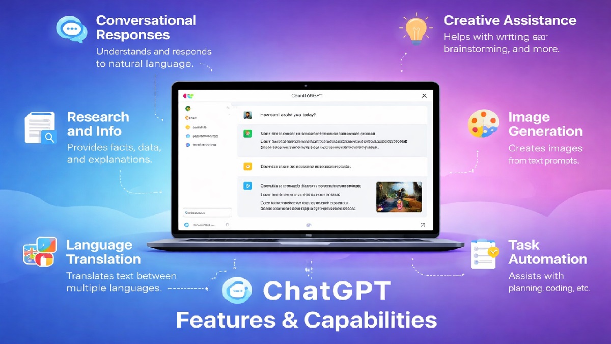 ChatGPT AI chatbot interface showing conversation, features, and capabilities
