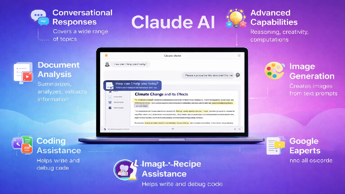 Claude AI assistant interface showing conversation, document analysis, and advanced features