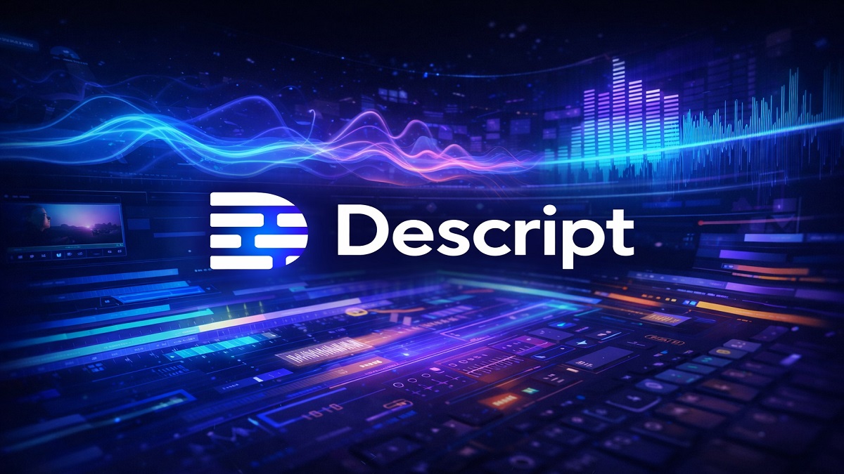 Descript AI audio and video editing interface with transcription tools