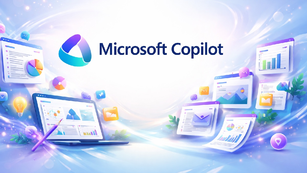 Microsoft Copilot AI assistant interface for productivity, writing, and data analysis