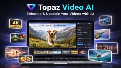 Topaz Video AI software interface showing video upscaling and AI enhancement tools