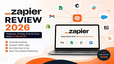 Zapier Review 2026 showing no-code workflow automation platform features and integrations