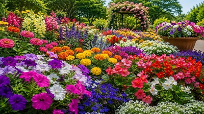 Colorful annual flowers blooming in a garden