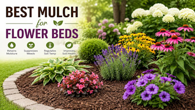 Best mulch for flower beds with bark mulch around colorful blooming flowers