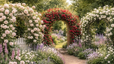Climbing roses on trellis with pink and red blooms - garden climbing rose plant