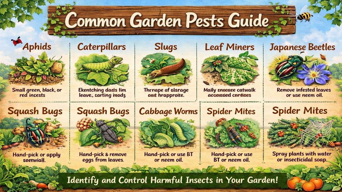 Common garden pests including aphids, caterpillars, spider mites, whiteflies and slugs damaging plant leaves