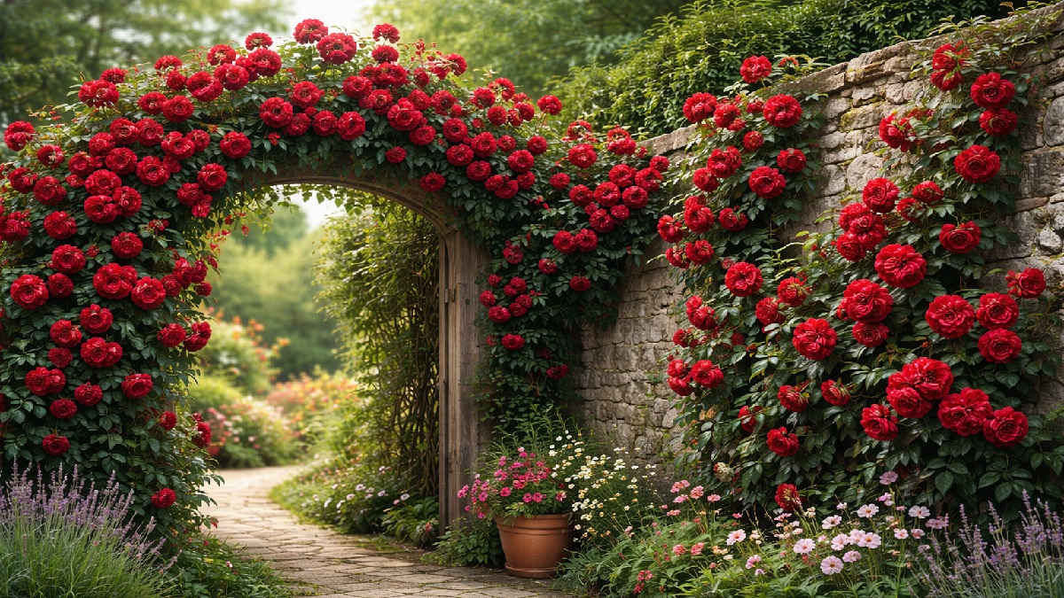 Don Juan climbing rose with deep red velvety flowers growing on a garden trellis in full bloom