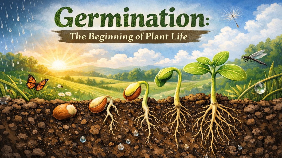 Seed germination process showing radicle and plumule emerging from a sprouting seed in soil