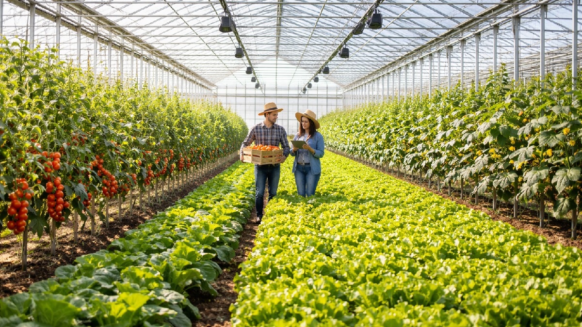 Modern greenhouse farming structure growing vegetables under controlled climate conditions