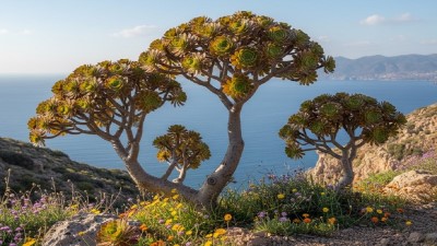 Aeoniums growing in garden with green foliage and flowers