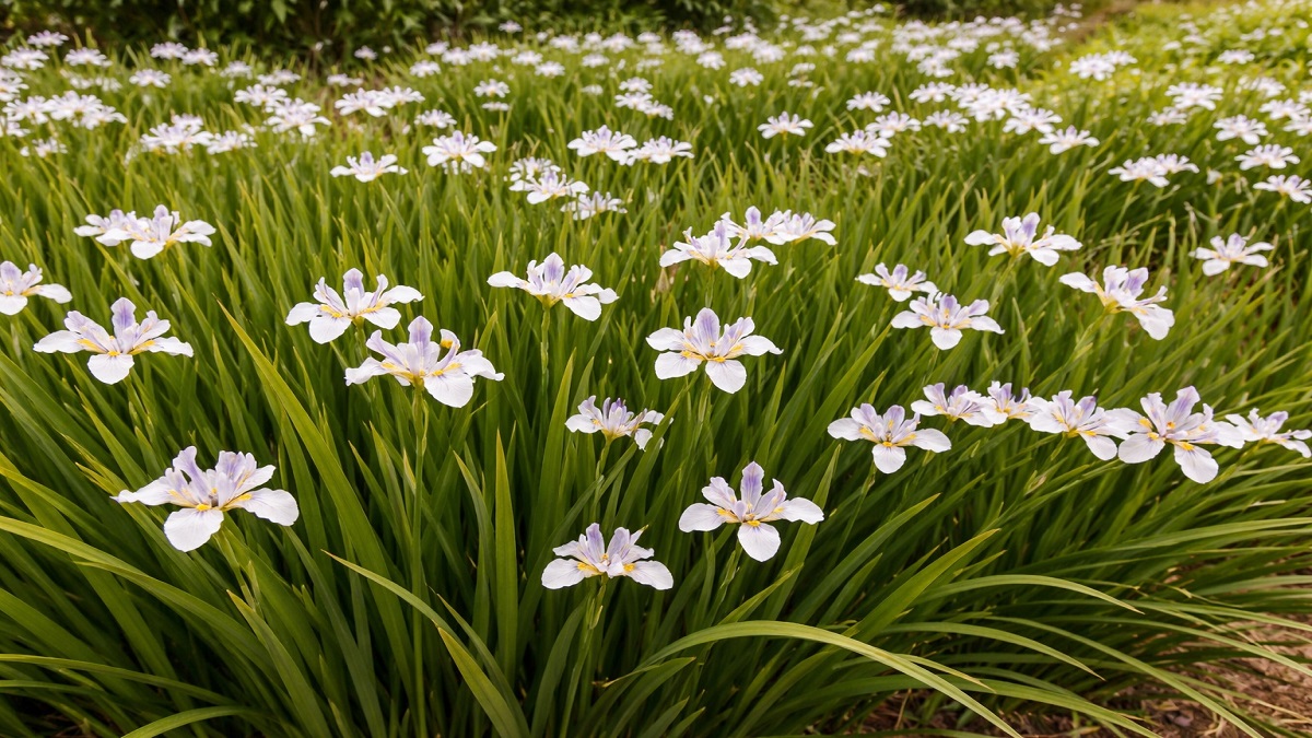 Healthy African Iris plant with spiky leaves in a garden