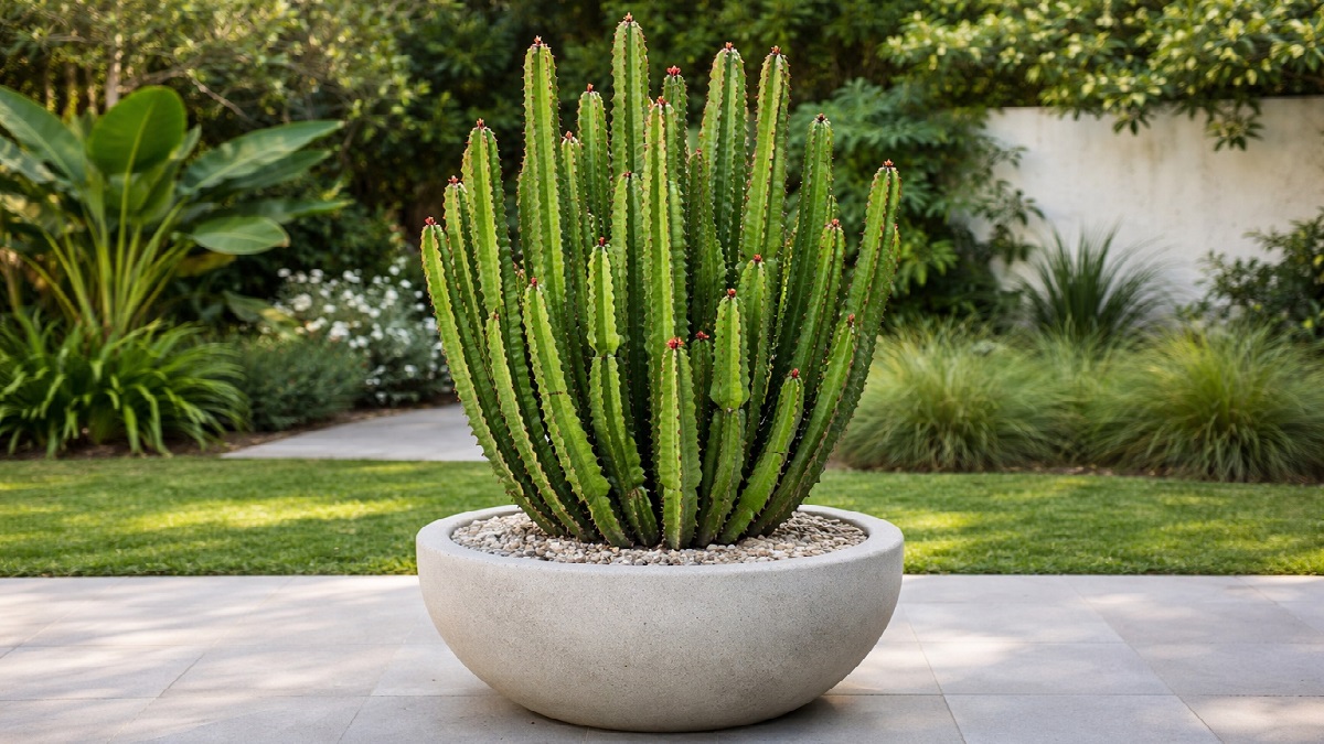 Healthy African Milk Tree plant with spiky leaves in a garden
