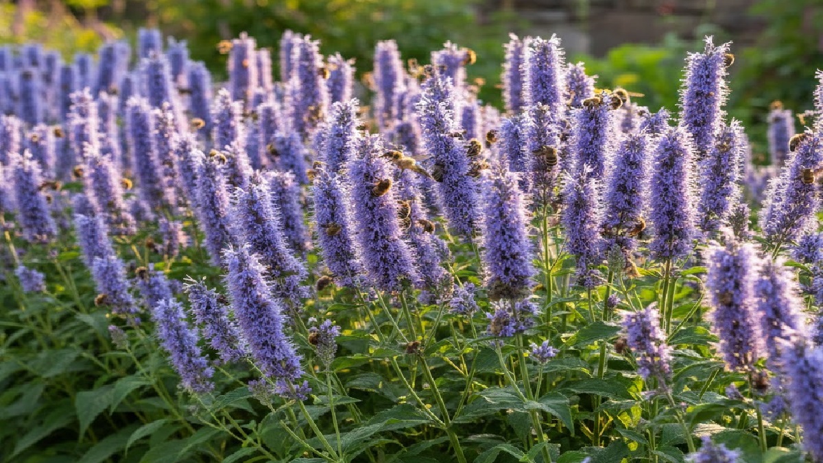 Healthy Agastache plant with spiky leaves in a garden