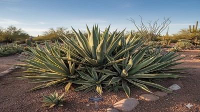 Agave Plant growing in garden with green foliage and flowers