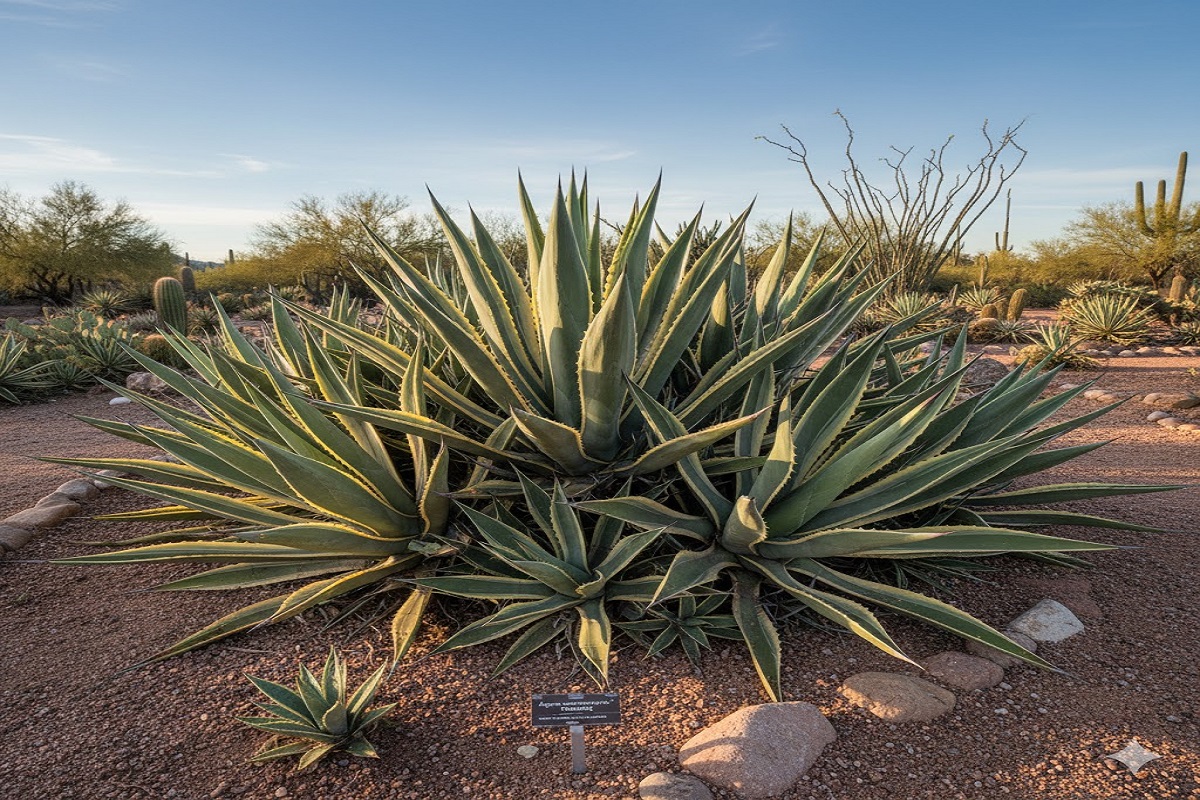 Healthy agave plant with spiky leaves in a garden