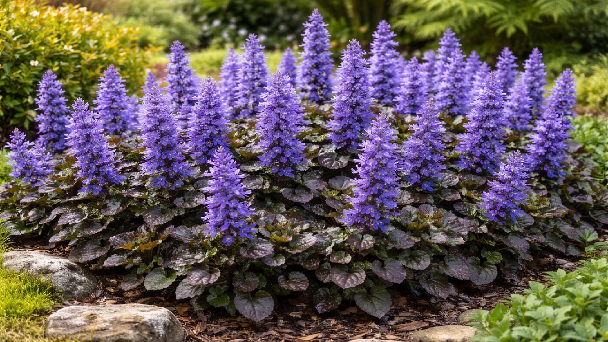 Healthy Ajuga or Bugleweed plant with spiky leaves in a garden