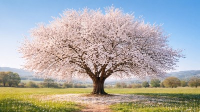 Almond Tree growing in garden with green foliage and flowers