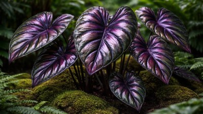 Alocasia Azlanii growing in garden with green foliage and flowers