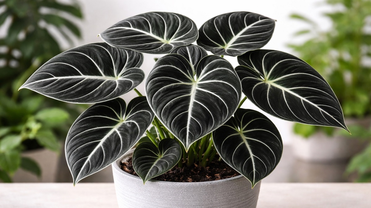 Alocasia Black Velvet indoor tropical houseplant with velvety dark leaves