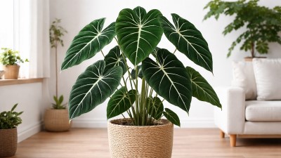 Alocasia Frydek growing in garden with green foliage and flowers