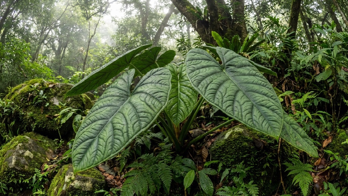 Healthy Alocasia Melo plant with spiky leaves in a garden