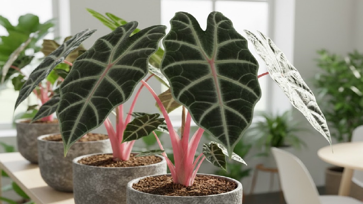 Healthy Alocasia Pink Dragon plant with spiky leaves in a garden