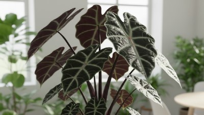 Alocasia 'Regal Shields' growing in garden with green foliage and flowers