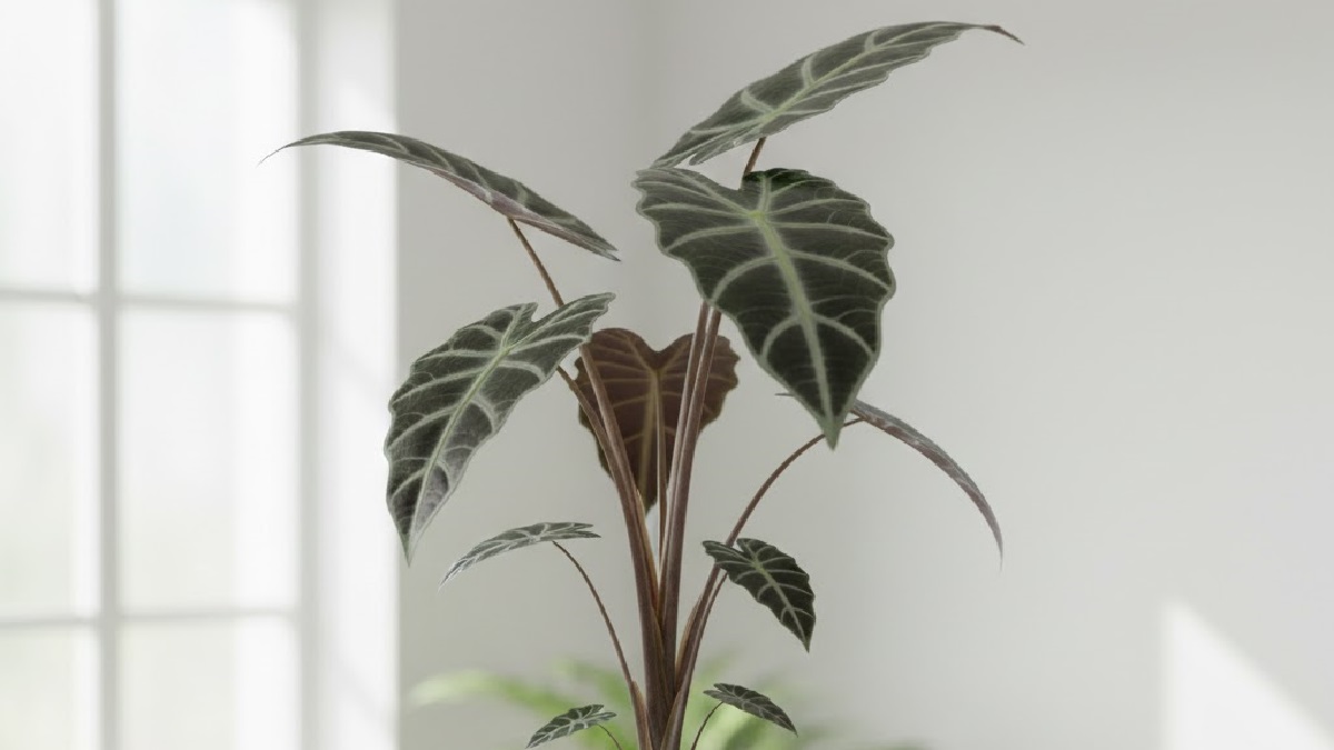 Healthy Alocasia Sarian plant with spiky leaves in a garden